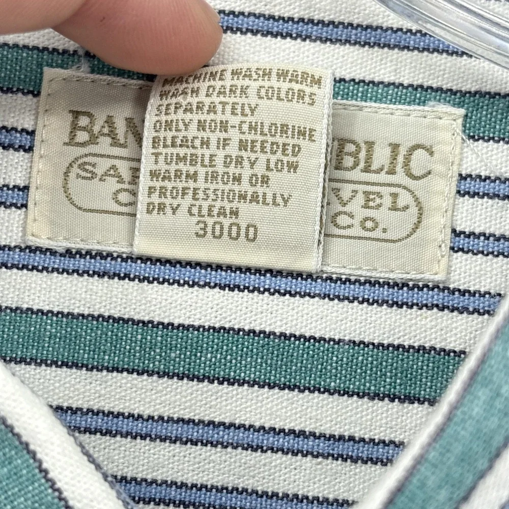 Vintage Banana Republic Safari Travel Shirt Mens Large Green Stripe Button Down